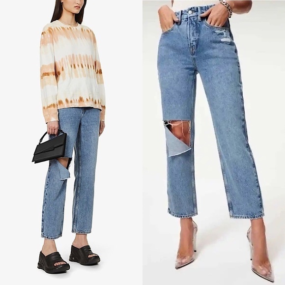 NWT GOOD AMERICAN 90s High Waist Distressed Denim Ripped Knee Ankle Crop Jean 28 - Picture 4 of 9